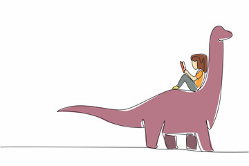 Poster - Continuous one line drawing girl reading book on cute brontosaurus. Reading stories about prehistoric animals. Pleasant. Girl Reading Book at Animal Back. Single line draw design vector illustration