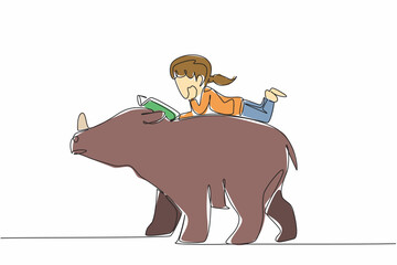 Poster - Continuous one line drawing girl reading book on cute rhinoceros. Reading about the benefits of rhinos to nature. Nerd. Girl Reading Book at Animal Back. Single line draw design vector illustration
