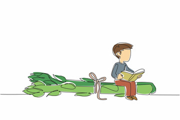 Poster - Single one line drawing boy reading on asparagus tied with string. Read antioxidant content found in asparagus. Boy Reading Book at Vegetables and Fruits. Continuous line design graphic illustration