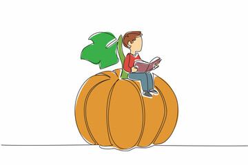 Poster - Single continuous line drawing young boy reading on pumpkin leaf. Feel the coolness when studying in nature. Focus. Nerd. Boy Reading Book at Vegetables and Fruits. One line design vector illustration