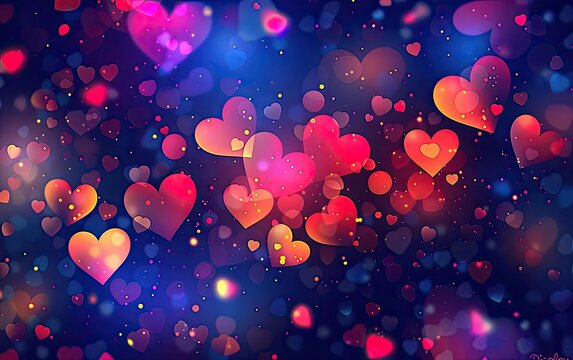 Vector blurred background with hearts for Valentine's Day. Vector illustration of a colorful bokeh background with heart shapes for design and decoration on a dark background