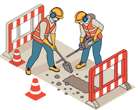 Construction scene in isometric style showing workers using a jackhammer and tools to fix a damaged road surface, with warning cones and safety barriers placed around the site.
