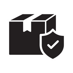Poster - Secure delivery icon with package protection shield and checkmark for safe shipping and guaranteed order insurance reliable logistics and cargo safety vector solid glyph icon