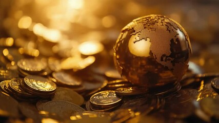 Aufkleber - A golden globe sits atop a pile of coins, symbolizing wealth and success