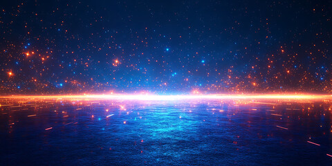 Poster - Futuristic seascape with sparkling lights and reflections abstract glowing horizon with night sky and particles