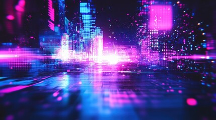 Poster - A futuristic digital cityscape illuminated with vibrant neon pink and blue lights, showcasing a high-tech cyber environment with glowing data grids and abstract architecture.