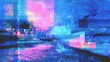 © Nice Seven - A digital glitch art image blending urban elements with vibrant blue and pink hues, creating an abstract, futuristic cityscape effect.