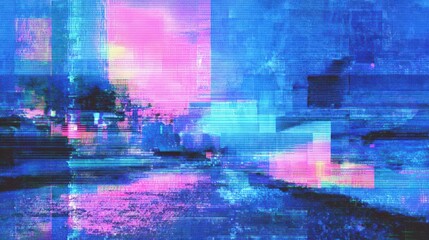Poster - A digital glitch art image blending urban elements with vibrant blue and pink hues, creating an abstract, futuristic cityscape effect.
