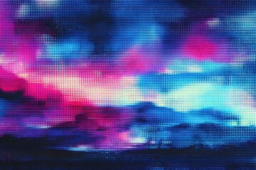 Poster - Abstract digital glitch art with vibrant pink, blue, and purple hues creating a pixelated, distorted sky scene.