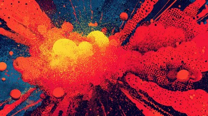 Poster - Vibrant abstract explosion of red, orange, and yellow paint splatters on a dark blue background creating a dynamic, energetic visual effect.