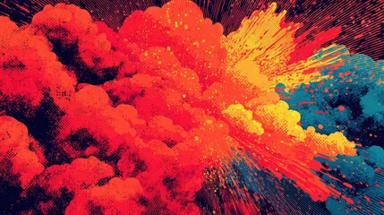 Poster - A vibrant, abstract explosion of colorful clouds in red, yellow, blue, and black, resembling a dynamic burst of energy or cosmic phenomenon.