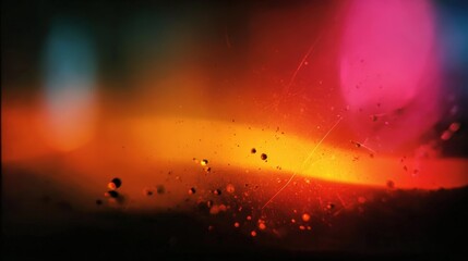 Poster - Abstract colorful image with glowing red, orange, and pink hues, featuring small floating particles and light streaks on a dark background.