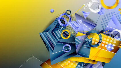 Leinwandbilder - Abstract geometric composition. Shapes overlap, creating dynamic visual effect. Yellow, blue tones dominate design.