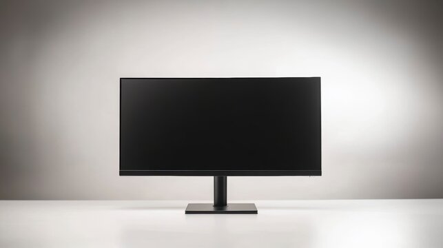 Black computer monitor on a white table against a grey background.