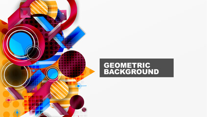 Poster - Vibrant geometric shapes overlap, creating dynamic colorful background. Circles, squares, lines form abstract composition. Modern design element.