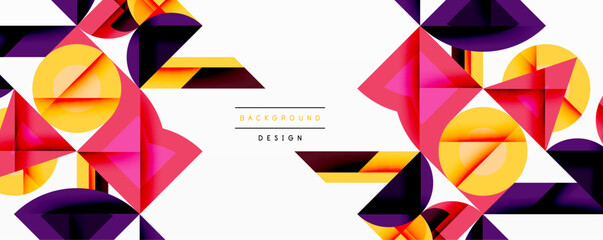 Poster - Abstract geometric shapes, vibrant colors, modern design. Background features overlapping triangles, squares, circles. Bold visual composition.