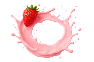 Poster - Pink yogurt swirling dynamically, splashing circular waves beside ripe strawberry against clean transparent surface