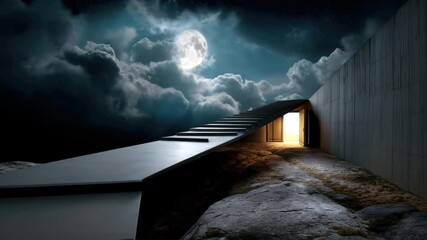 Poster - A staircase leading to an illuminated door in a modern building located on a rocky terrain under a night sky with a full moon and clouds