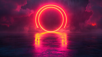 Poster - Glowing neon circle portal with reflection on wet surface creating a futuristic cyberpunk scene with clouds of vapor and abstract wall background