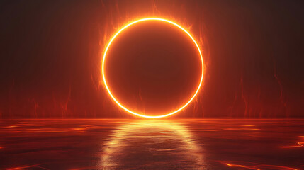 Poster - Glowing orange circle portal on reflective surface with abstract energy emanating from the background in a dark setting