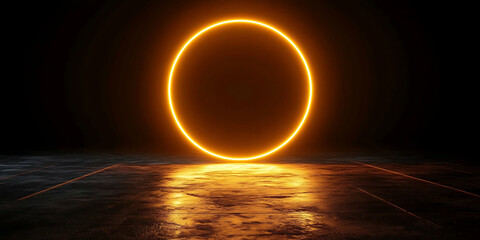 Poster - Glowing orange circle with reflective surface in dark room abstract background futuristic sci fi concept for technology presentation and banner design elegant high quality