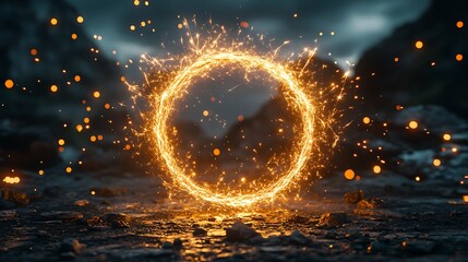 Poster - Glowing portal ring in mystical landscape with sparkling particles and cinematic lighting perfect for fantasy concept