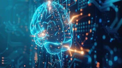 Poster - A futuristic computer circuit board featuring a glowing brain, suitable for use in technology and innovation illustrations