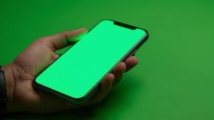 Poster - Hand holding a smartphone with a green screen against a green background showcasing technology and communication