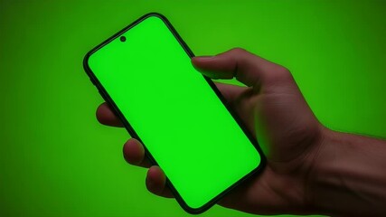 Poster - Hand holding smartphone with vibrant green screen on green background displaying content in portrait orientation.