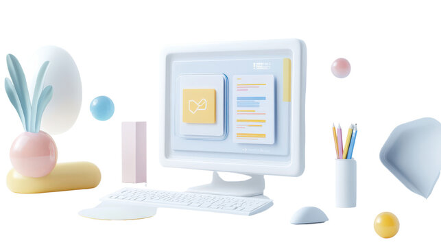 Modern Desktop Workspace with Digital Screen, Colorful Decorative Elements, and Minimalist Design