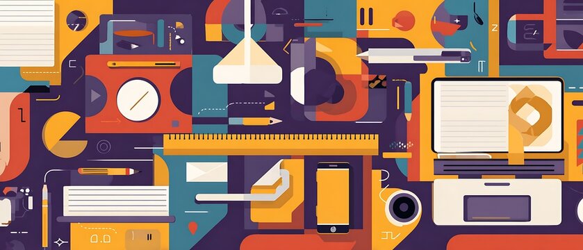 Abstract office supplies colorful flat lay