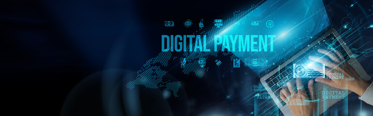 Poster - Businessman uses laptop and manages digital payment transactions, monitors online invoices, secures gateway encryption, tracks payment history, automates billing, and enhances financial efficiency.