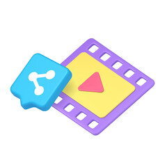 Poster - Colorful concept with share button and video player interface symbolizing online content, digital interaction, and media platforms. 3d icon realistic vector illustration