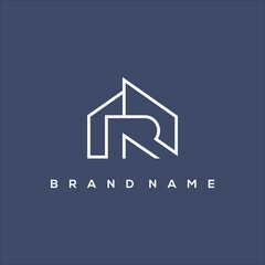 Poster - line art initial R and minimalist house logo vector