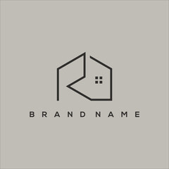 Poster - line art initial R and house logo vector