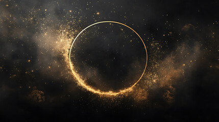 Poster - Golden circle frame with glittering particles on dark gradient background glowing dust abstract backdrop perfect for creative graphic projects and celebratory designs