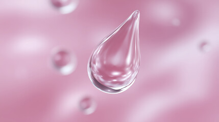 Poster - Close-up of a transparent water droplet suspended in the air against a soft pink background, highlighting the beauty of liquid forms and reflections in a serene atmosphere