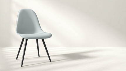 Poster - Modern minimalist chair in soft gray color, positioned elegantly on a light floor, casting gentle shadows, creating a serene and inviting atmosphere in a contemporary interior space