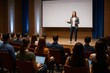 © SeonHwa - Female Entrepreneur Presenting at Leadership Summit in Modern Auditorium