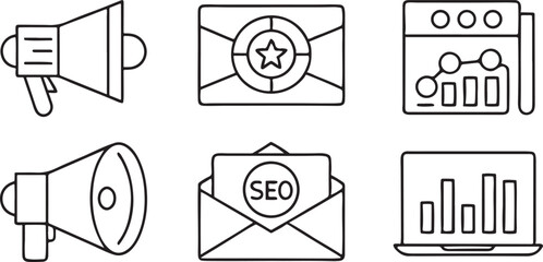 Fototapete - Digital Marketing Editable Vector Icon Pack with Megaphone SEO Email Marketing Analytics Social Media and Graph Tools