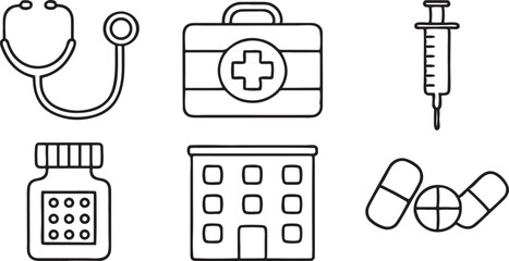 Poster - Healthcare and Medical Editable Vector Icons with Stethoscope Syringe Hospital Building First Aid Kit Pills and Thermometer