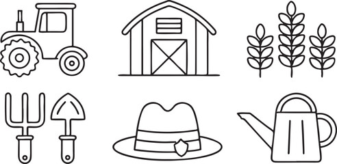 Poster - Agriculture and Farming Editable Vector Icons Featuring Tractor Barn Wheat Farmer Hat Pitchfork and Watering Can