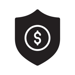 Poster - Financial security icon with a shield protecting a dollar coin for safe transaction insurance wealth protection and investment risk management vector solid glyph icon