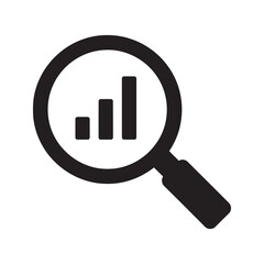 Poster - Data analytics search icon with magnifying glass over a bar chart for business intelligence report market research and statistics review vector solid glyph icon