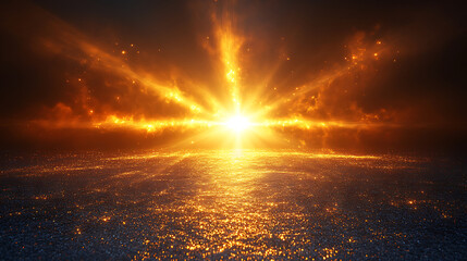 Poster - Golden horizon light burst illustration featuring a bright sunlike center and sparkling dust over distant landscape