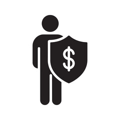 Poster - Personal financial protection icon with person holding a shield for insurance coverage asset security and individual investment safety plan vector solid glyph icon