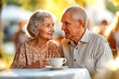 © Garnar - Elderly Caucasian couple gazing affectionately at each other over coffee at an outdoor cafe during a sunny day. Concept of love and companionship in later life, celebrating meaningful relationships