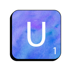 Wall Mural - Watercolor U Tile: A stylized watercolor tile showcases the letter 'U' in bold white, set against a textured backdrop of gradient blues and purples.