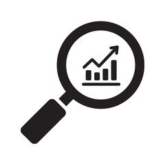 Poster - Data analysis search icon with magnifying glass over a bar chart for reviewing business intelligence reports and market research statistics vector solid glyph icon