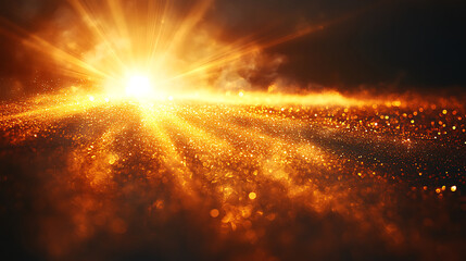Poster - Golden light burst illuminating a field of radiant particles against a dark backdrop with shimmering bokeh,creating a dynamic and enchanting visual effect full of magic